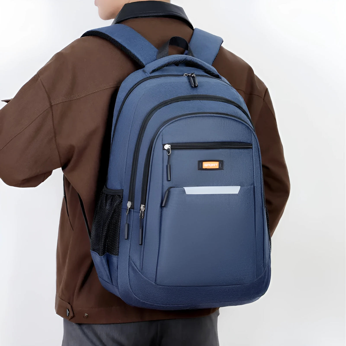 Men's casual Oxford cloth backpack in four colour options: grey, black, green and blue.