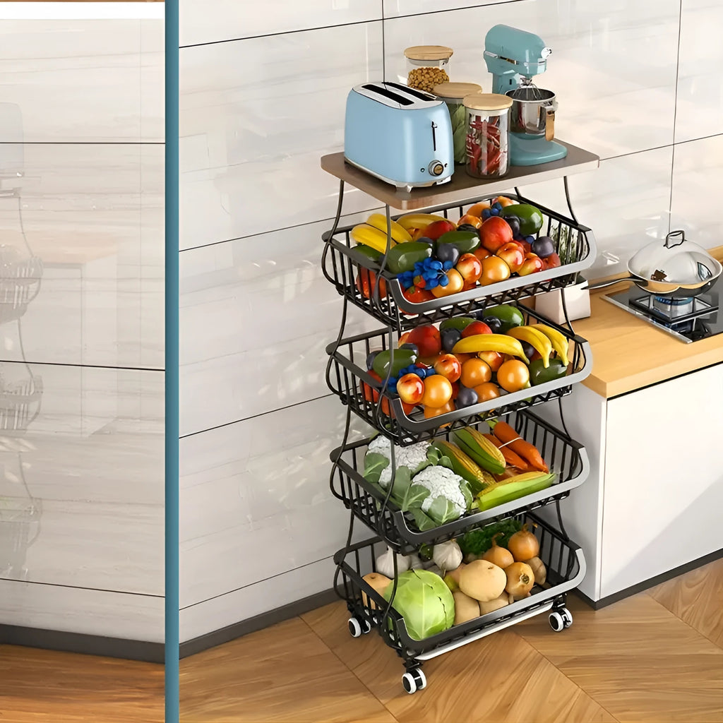 Black six layer kitchen shelf floor trolley with carbon steel construction and foldable design