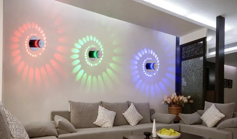 Silver LED wall light with colourful slow change, 3W, aviation-grade aluminium body, for indoor ceiling or wall mounting.