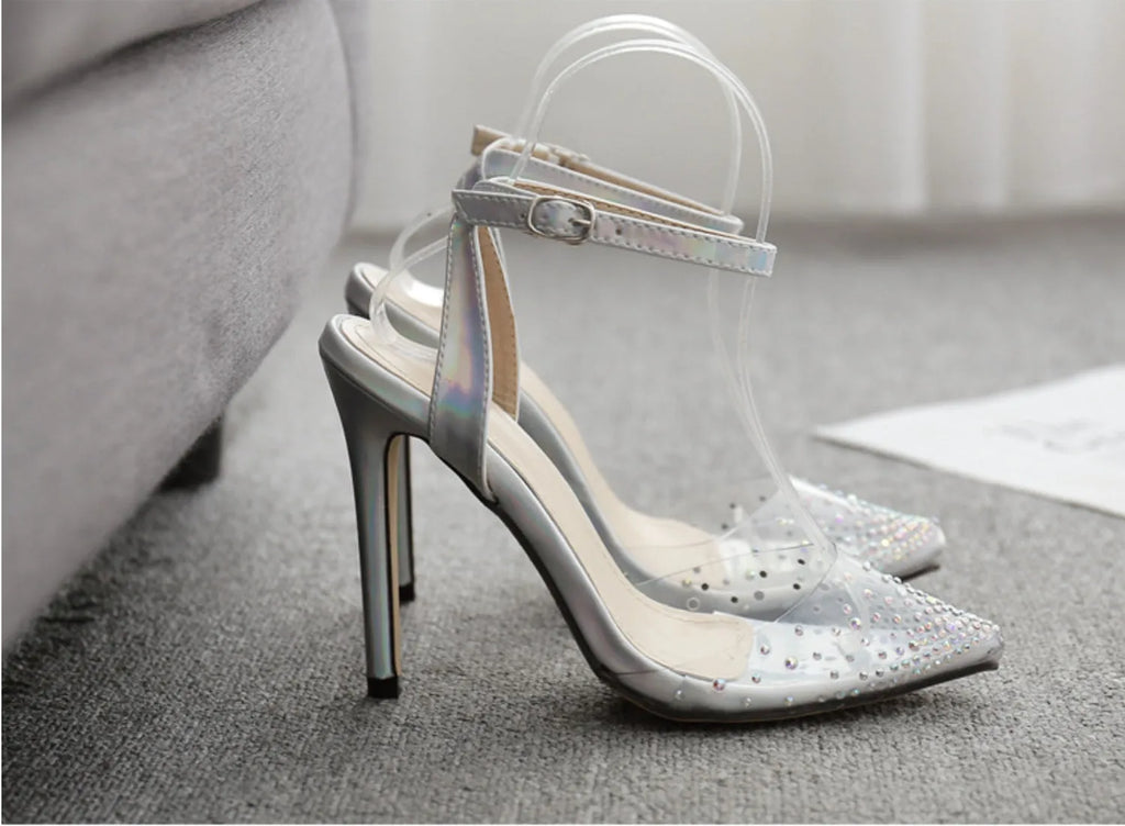 Women's pointed toe diamond sandals with stiletto heels in PVC material