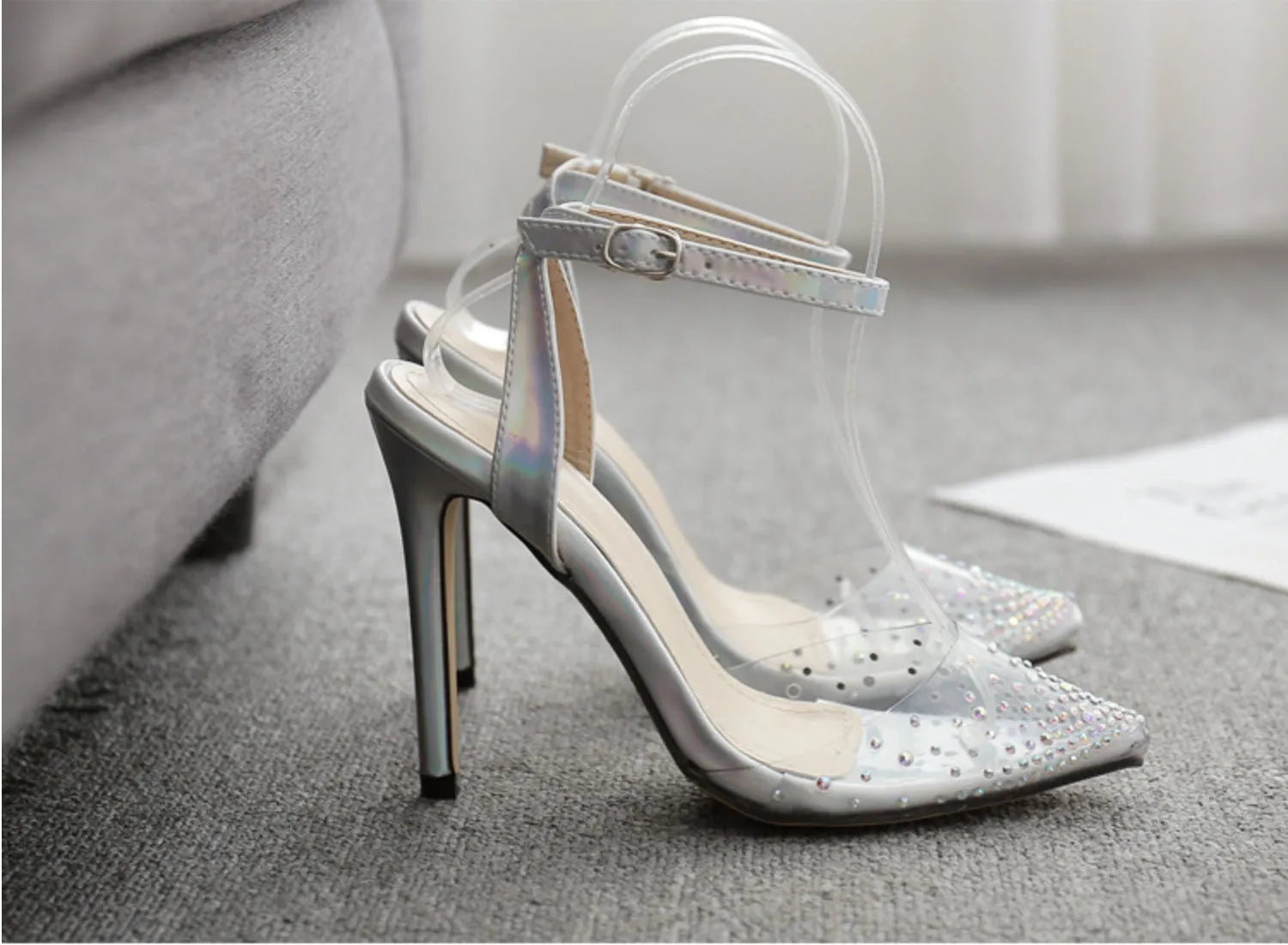 Women's pointed toe diamond sandals with stiletto heels in PVC material
