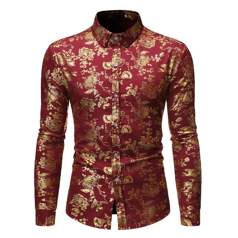 Men's casual long-sleeve cardigan shirt with lapel and digital print, available in multiple colours.