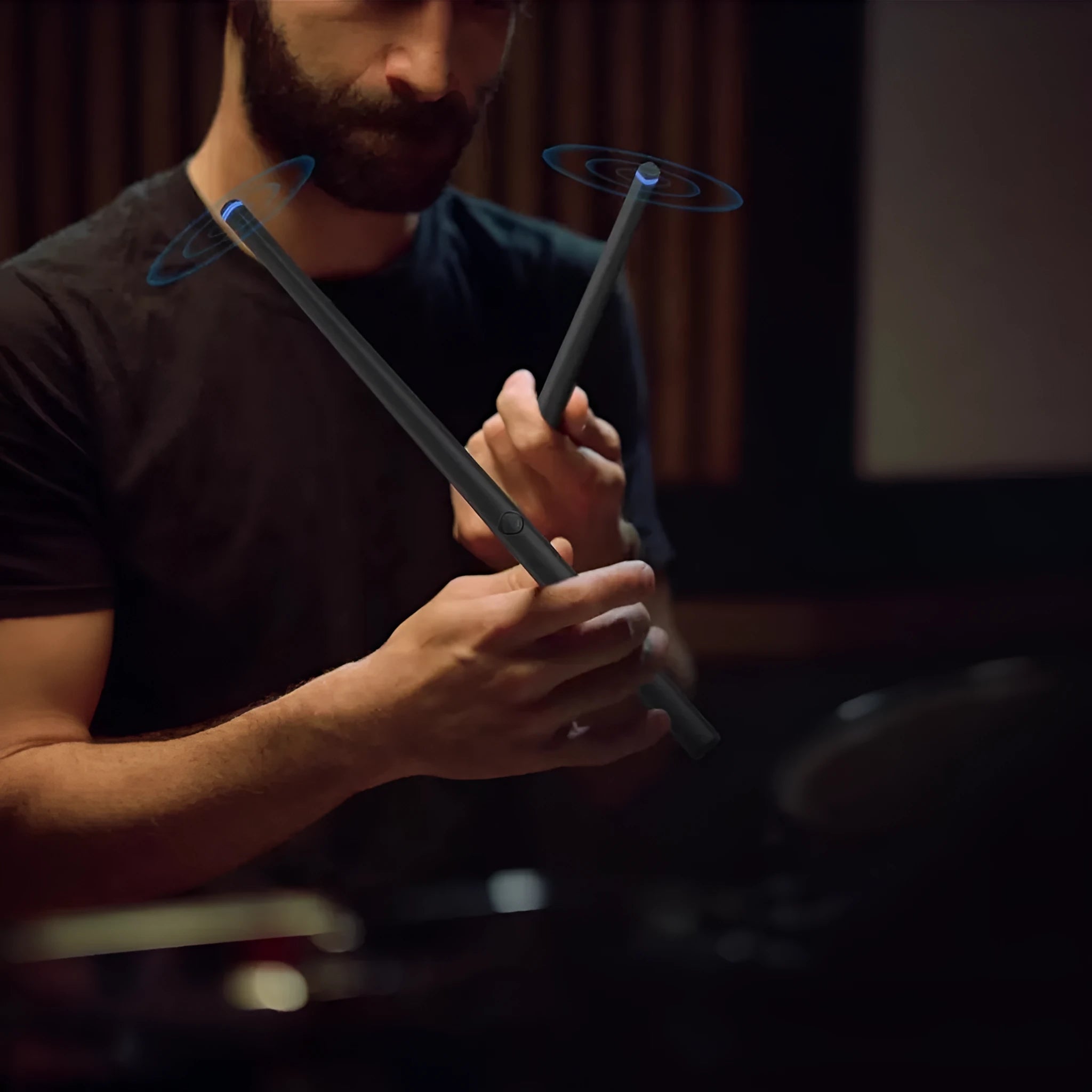 Black somatosensory air drum kit virtual AR toy with wireless drumsticks and LED lighting on a stand
