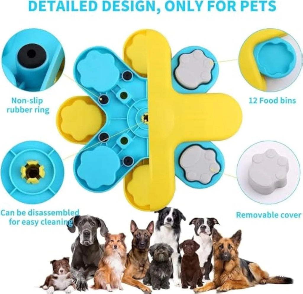 Yellow dog puzzle feeder toy with three rotating layers and a non-slip base for slow feeding and IQ training.