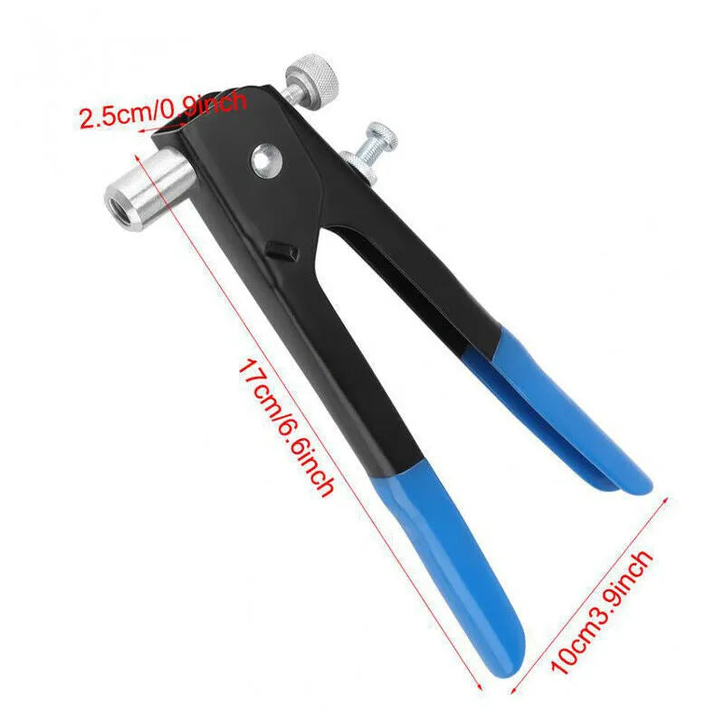Manual riveter nut gun set with alloy steel construction, shown with rivet nuts, available as 86pc or 106pc kit.