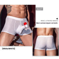 Men's black and white striped nylon boxer briefs laid flat, showing elasticated waistband and leg openings.