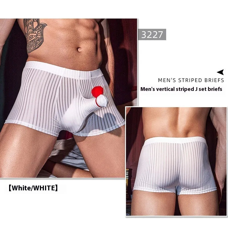 Men's black and white striped nylon boxer briefs laid flat, showing elasticated waistband and leg openings.