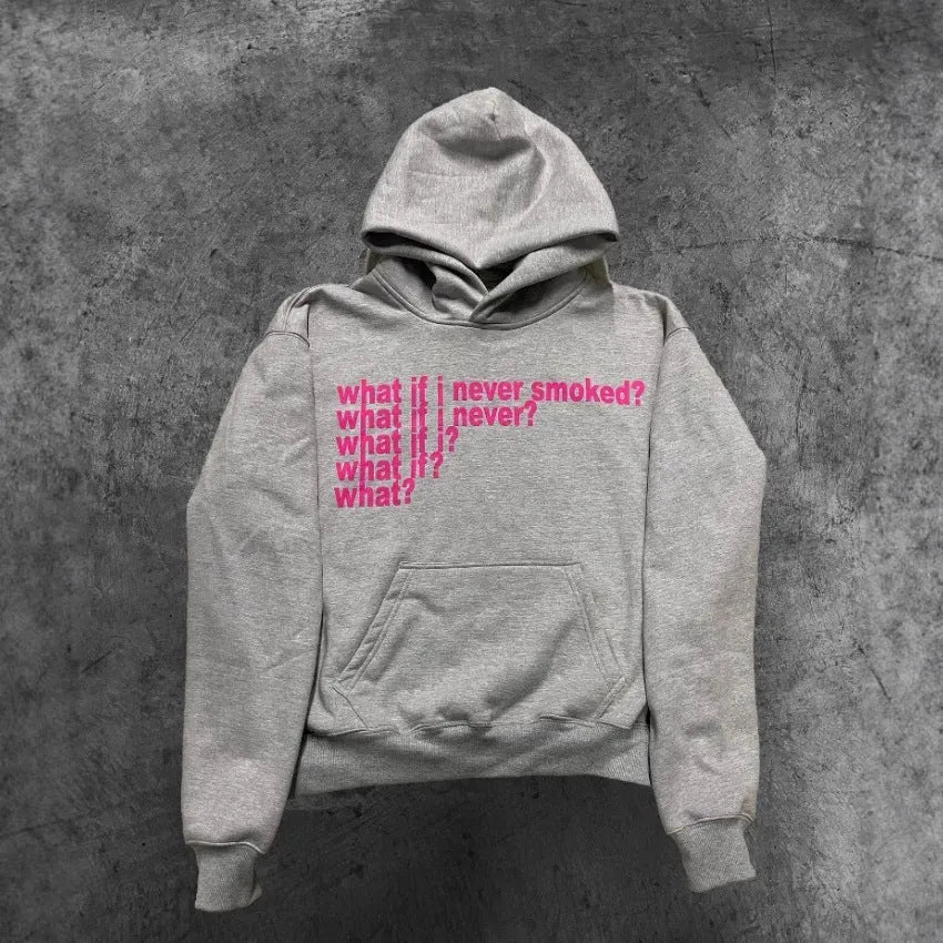 Black hooded sweatshirt with a white letter print graphic on the front.
