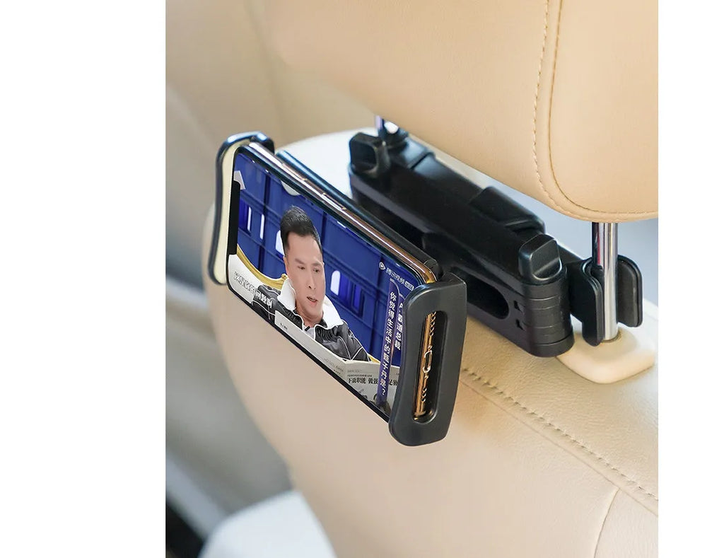 Black universal car phone holder mounted on a rear seat headrest, holding an iPad.