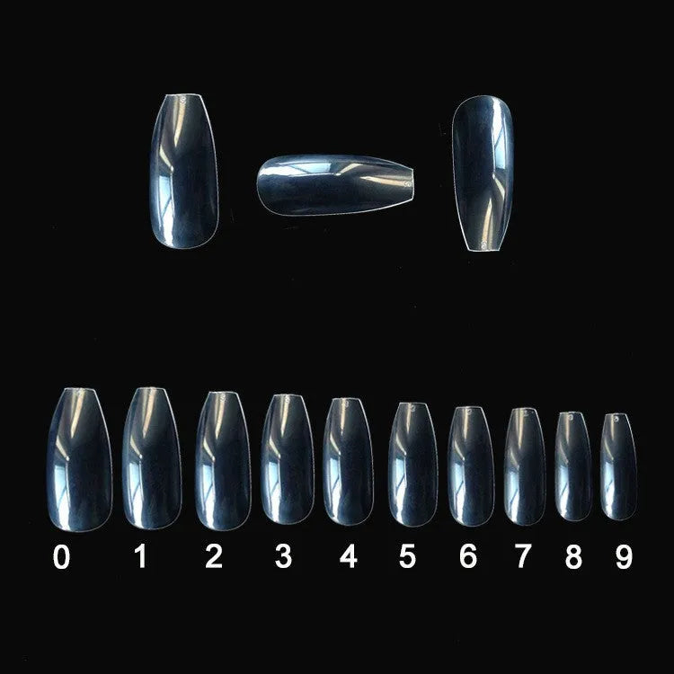 500 clear natural ABS fake nails in various sizes arranged with nail tools