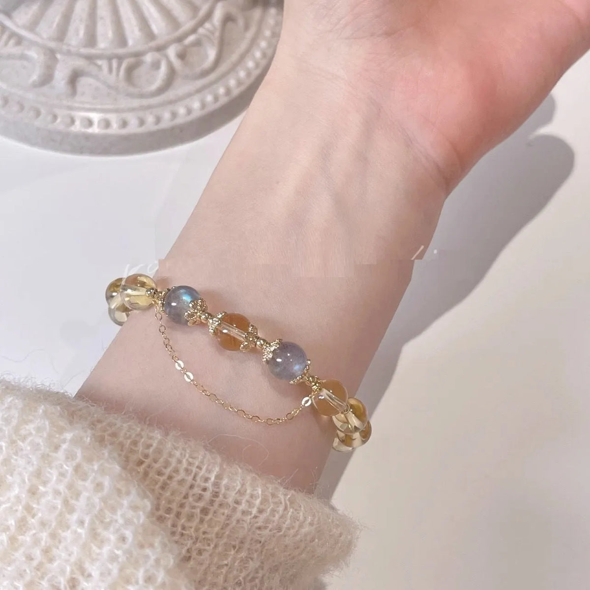 Chinese style women's crystal bracelet with 14K gilded moonstone, golden sun stone, and citrine colour diamond-shaped elements