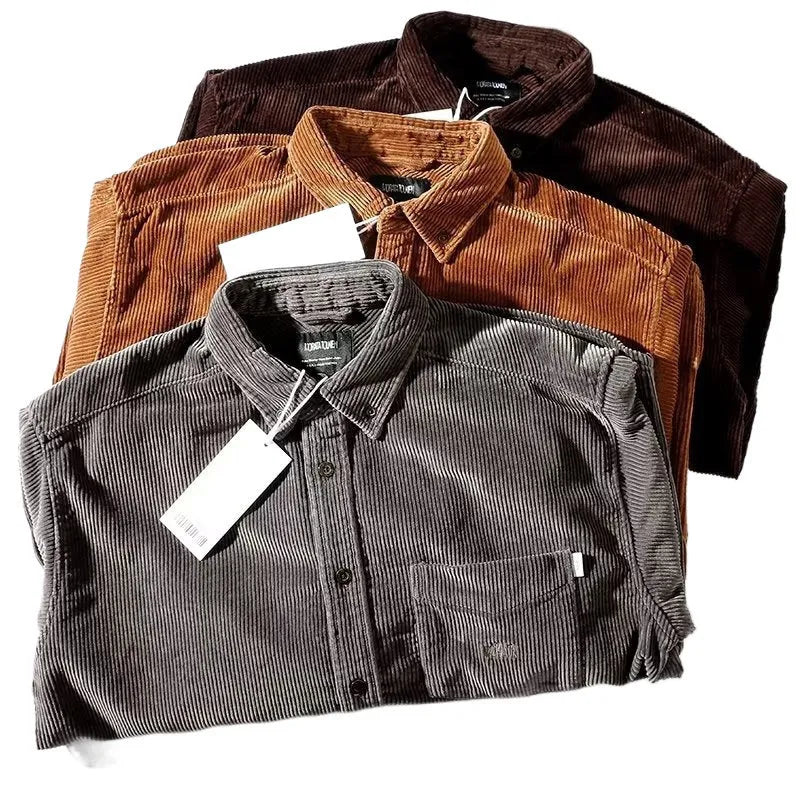 Long sleeve corduroy shirt in loose cardigan fit with Japanese Hong Kong style in caramel colour