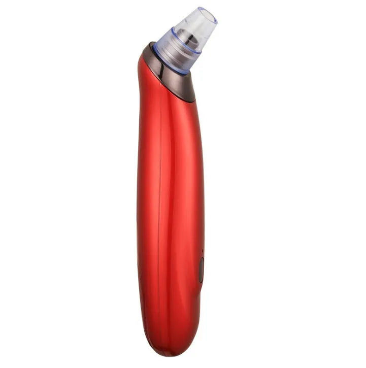 Electric blackhead remover device with five nozzle attachments in black, gold, red, or white colour options.