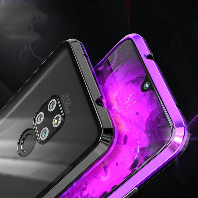 Magnetic Huawei phone case with metal frame and clear glass back showing phone design