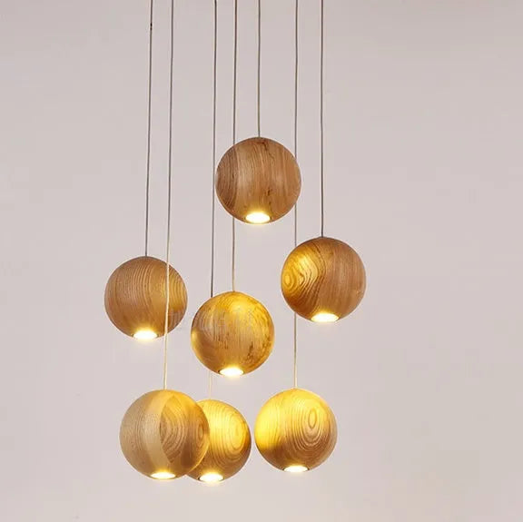 Nordic style solid wood ball chandelier pendant light with adjustable cord