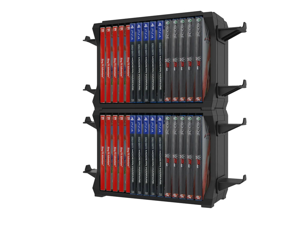 Black PS5 and Xbox Series X disc holder stand with slots for four game controllers