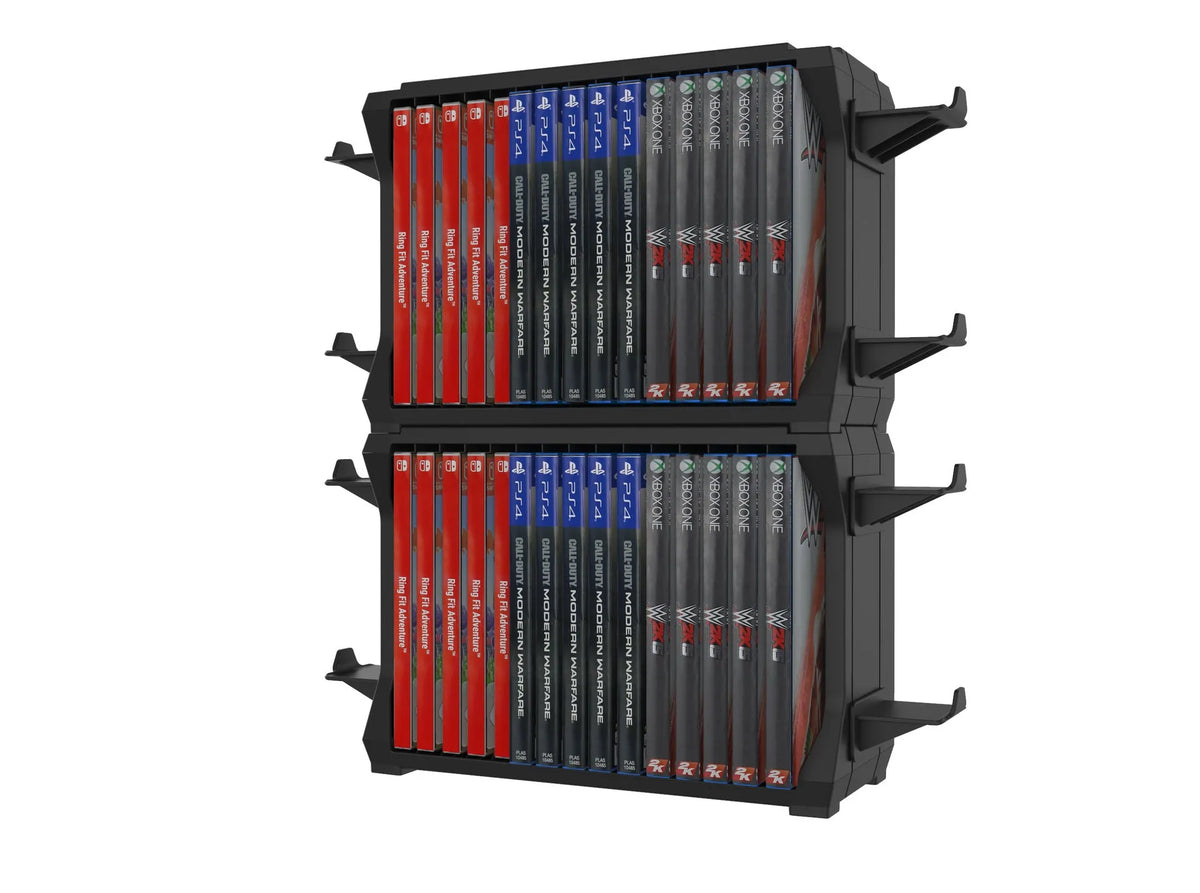 Black PS5 and Xbox Series X disc holder stand with slots for four game controllers