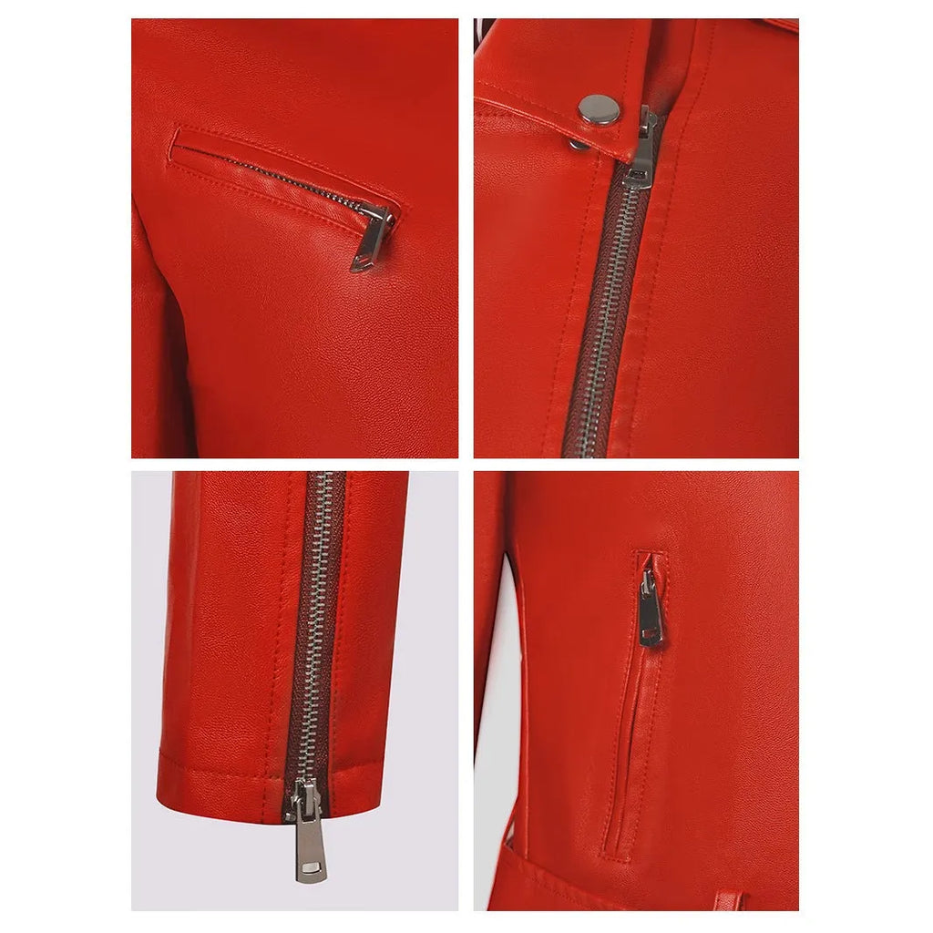 Red women's short PU leather jacket with lapel collar and an adjustable waist belt