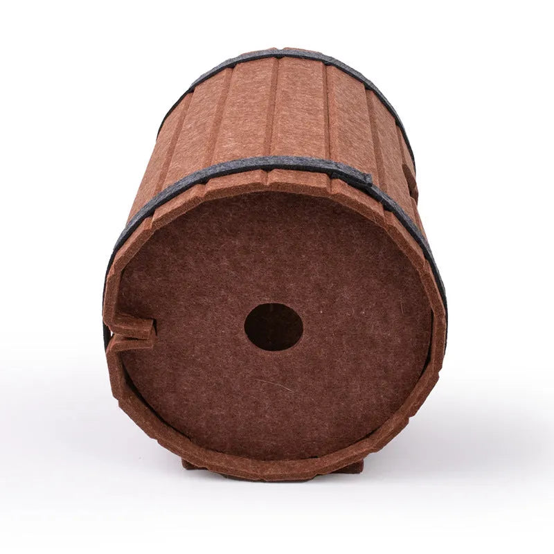 Assembled wine barrel shaped cat bed made from polyester fibre felt board with binding straps