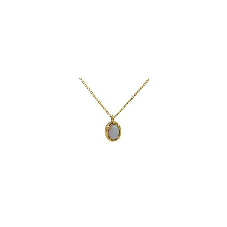 Oval S925 silver pendant necklace with a round jelly opal, shown in both gold tone and white gold tone finishes.