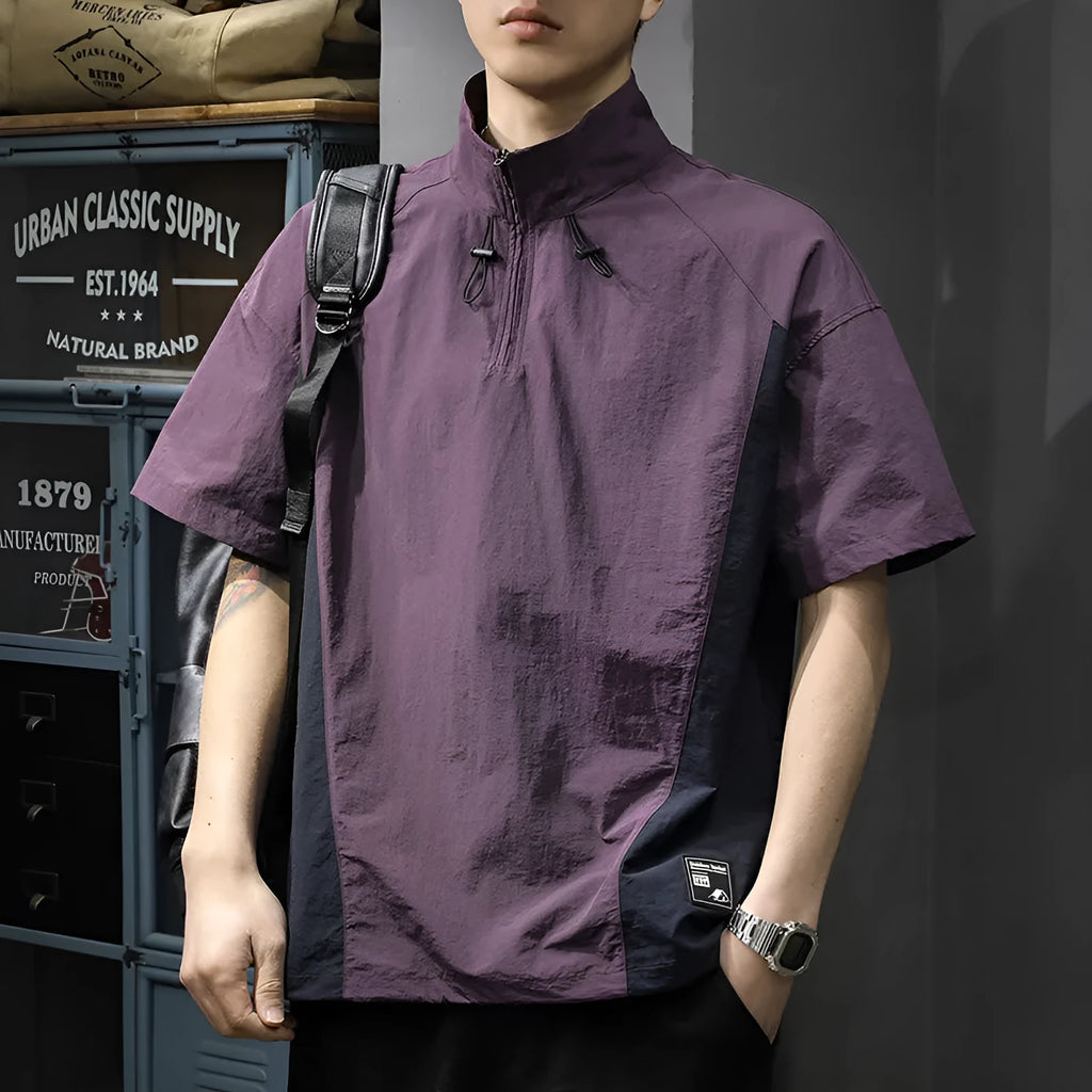 Men's brown half-zipped stand collar business shirt with short sleeves on hanger