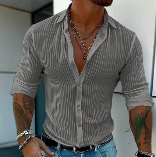 Men's striped British style cardigan shirt in pure colour polyester blend fabric with 3D pattern