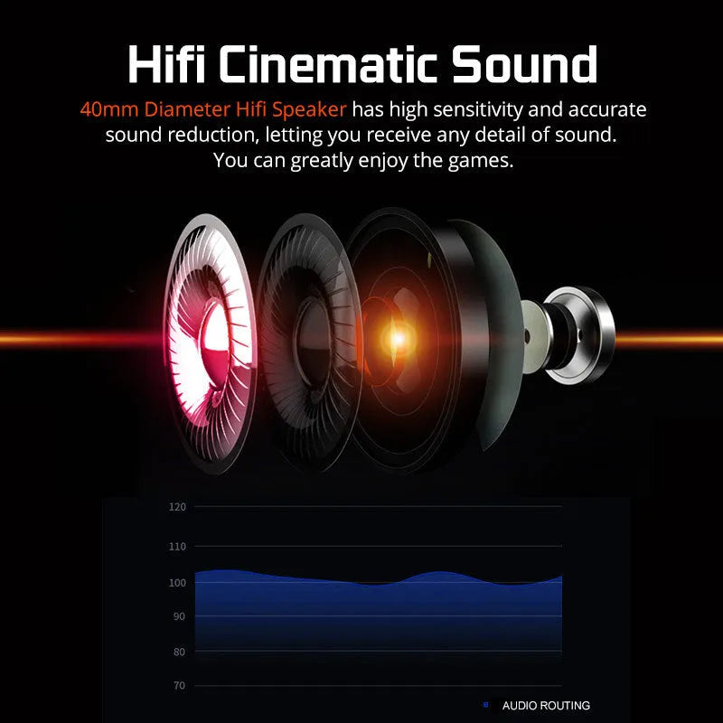 Black USB gaming headset with LED lights on ear cups, showing over-ear design.