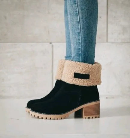 Women's mid-calf suede platform boots with a thick low heel in five colour options.