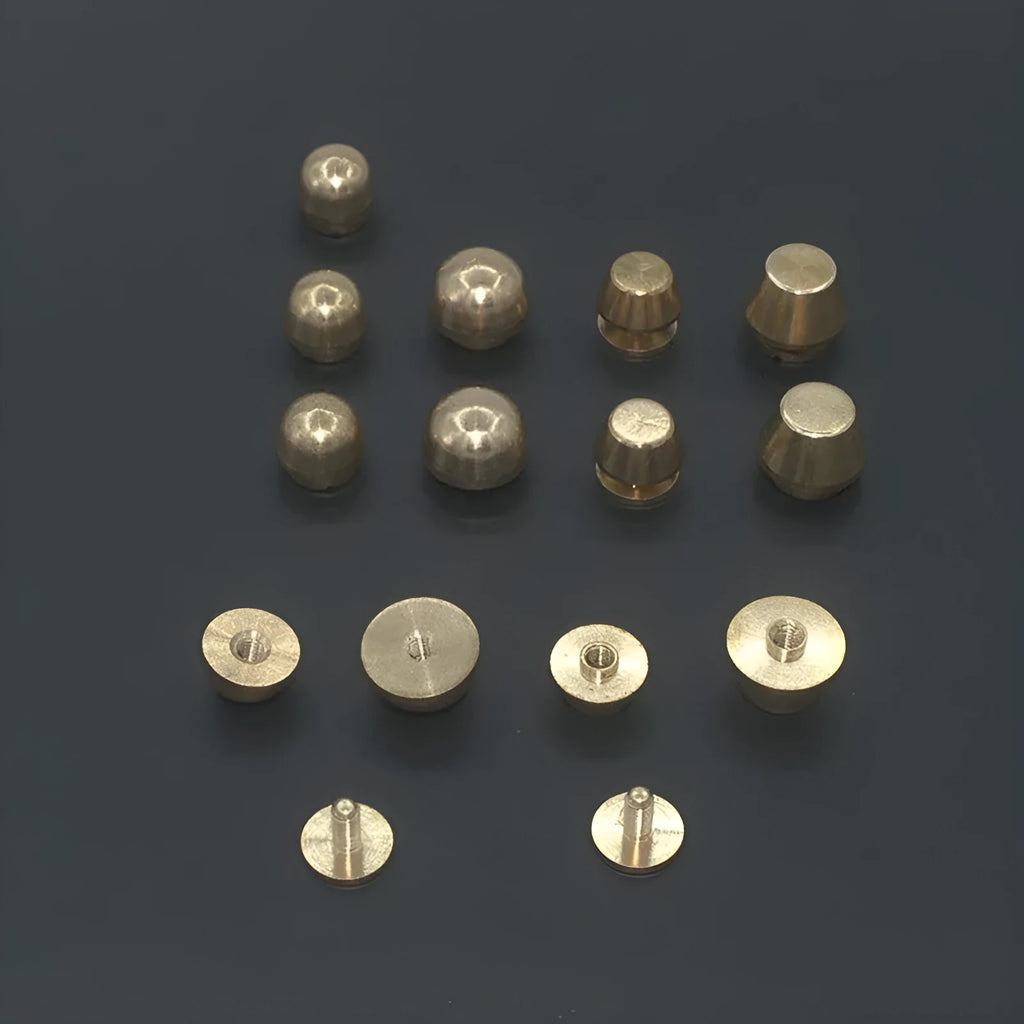Brass decorative buckle foot nails in round and geometry bucket designs, sizes 10x6mm and 12x7mm.