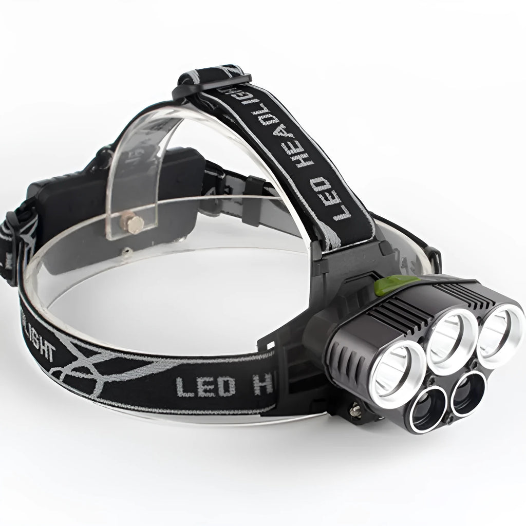 Outdoor head-mounted LED torch with adjustable strap, shown with strong beam illumination.