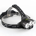 Outdoor head-mounted LED torch with adjustable strap, shown with strong beam illumination.