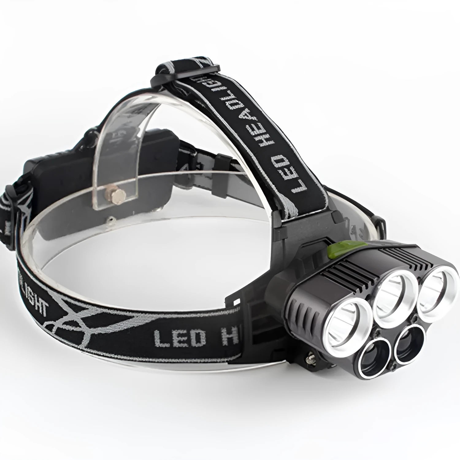 Outdoor head-mounted LED torch with adjustable strap, shown with strong beam illumination.