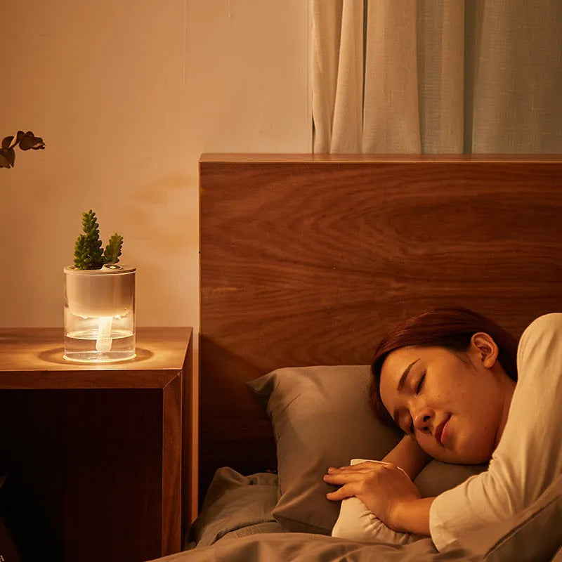 Small USB desktop humidifier in white, 320ml capacity, 120x97x97mm, with USB cable and timer.