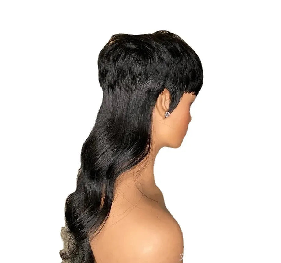 Black Brazilian wig with long hair, front bangs, and a short-back-long cut made from high-temperature fibre.