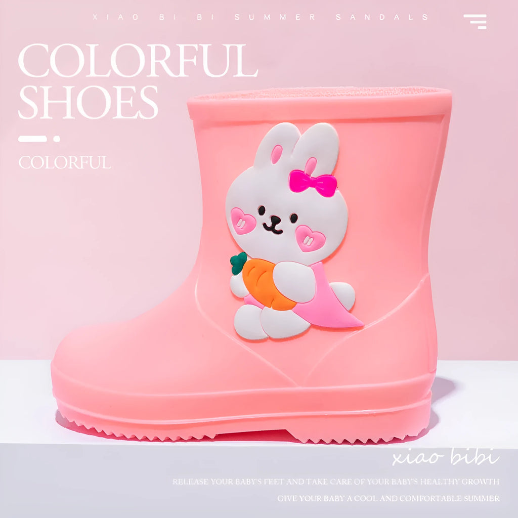 Children's cartoon rain boots with love rabbit pattern, PVC waterproof upper, non-slip sole, sizes 14-20cm.