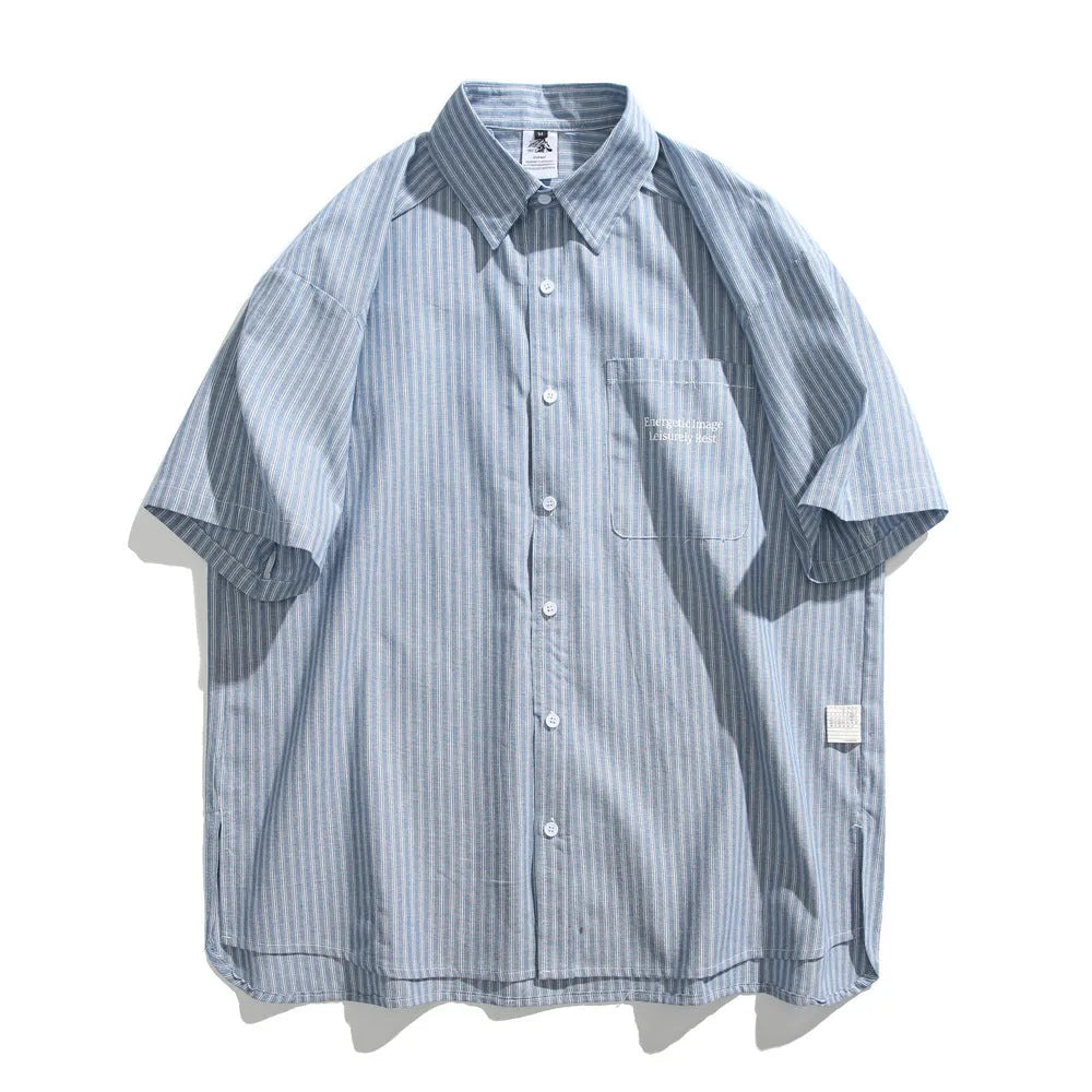 Blue striped loose short-sleeved shirt in cardigan style on a hanger