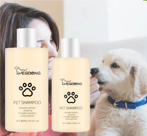 A bottle of mild pet shampoo for cats and dogs, available in 100ml and 300ml sizes.