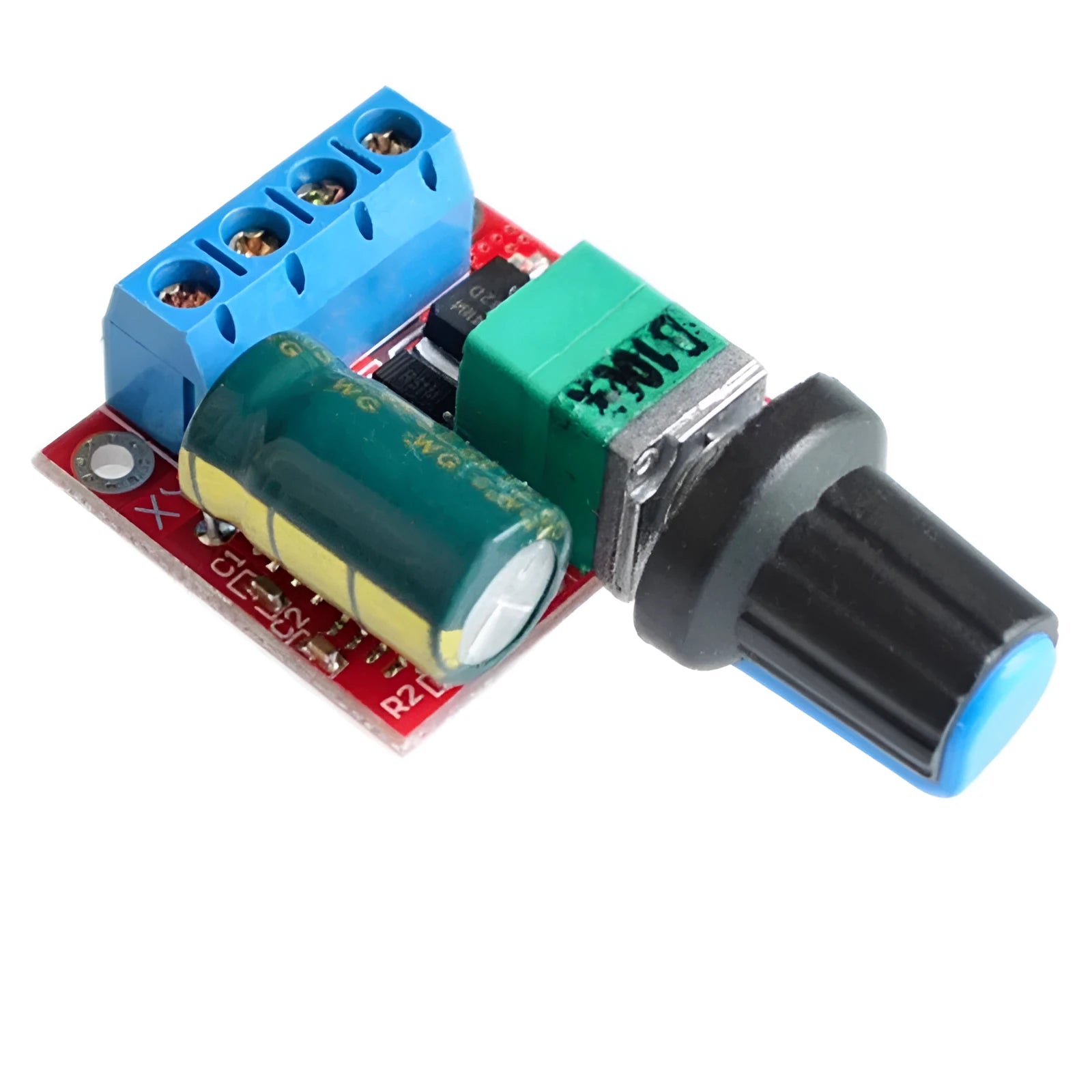 PWM DC motor speed controller with adjustment knob for 5V-35V input and 5A output
