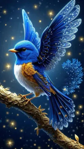 Handmade DIY diamond painting kit showing Blue Bird design on large 60x100cm canvas with rhinestones.
