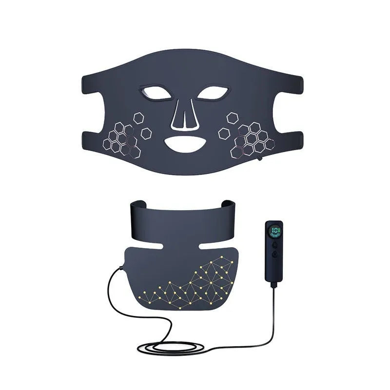 Black LED photon therapy face mask with four-colour infrared lights and adjustable settings for home skincare treatment