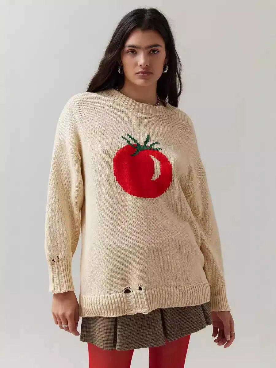 Women's loose-fitting acrylic jacquard knit sweater with round neck and long sleeves