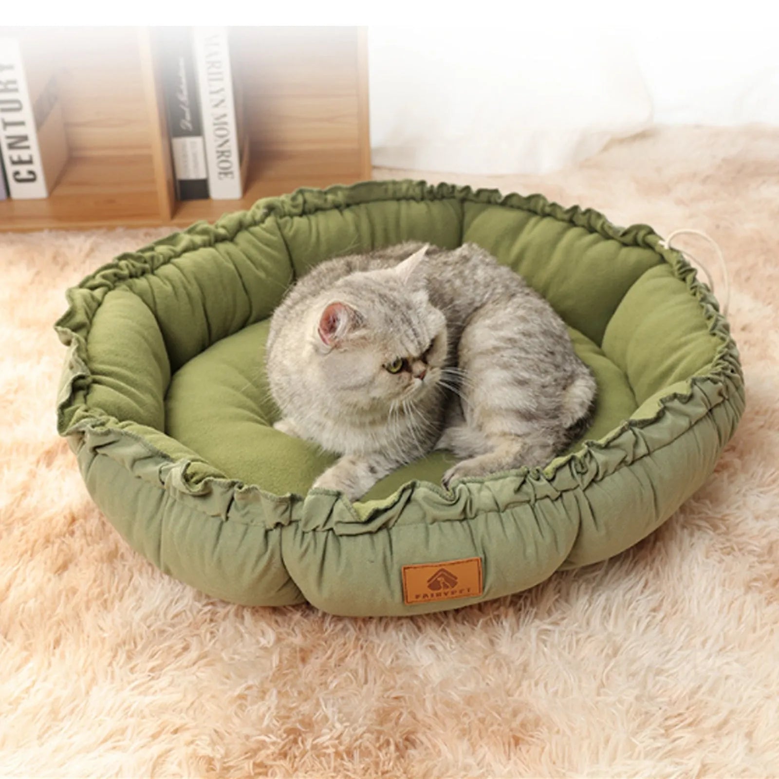 Grey and green reversible donut pet bed shown in small, medium, and large sizes for cats and small dogs