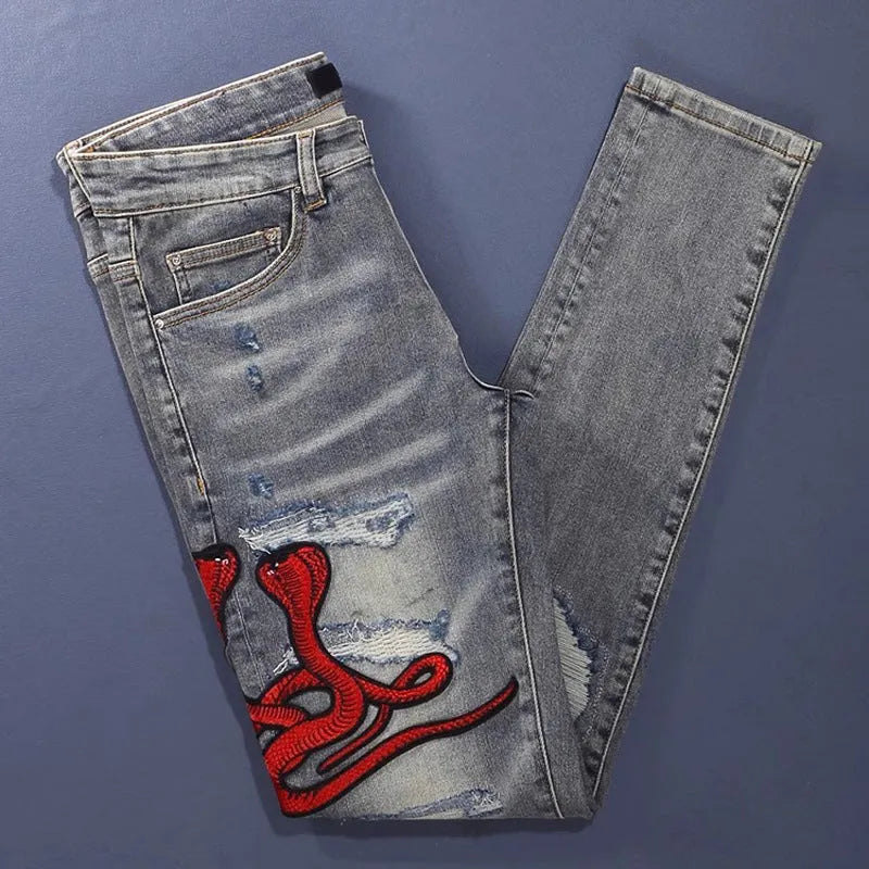 Old colour slim fit jeans with washed-out hole patch embroidery and micro-elasticity cotton fabric