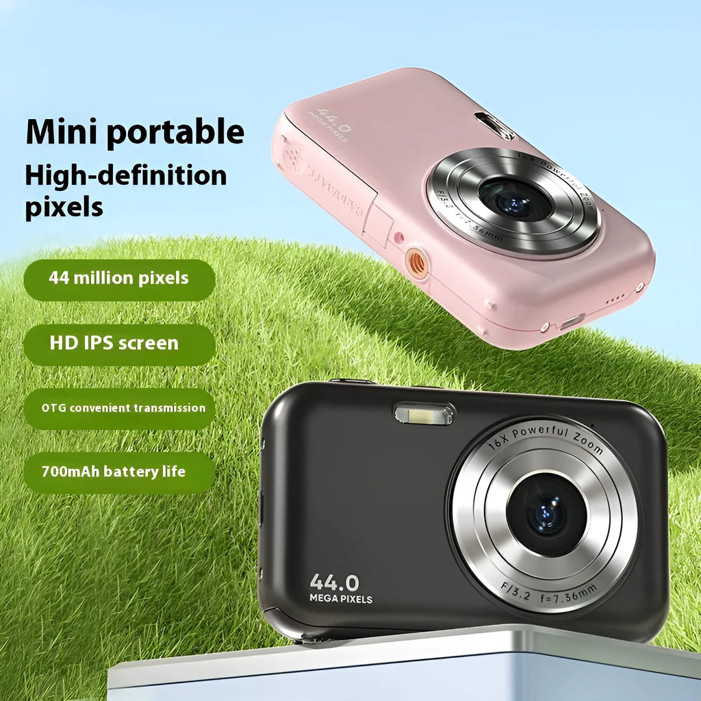 Children's digital camera in black, green, pink or purple with 2.4 inch screen showing camera interface