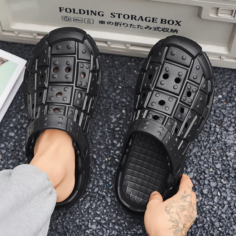Men's non-slip EVA flip-flop slippers with thick sole and toe holder in black, grey, and sand colours