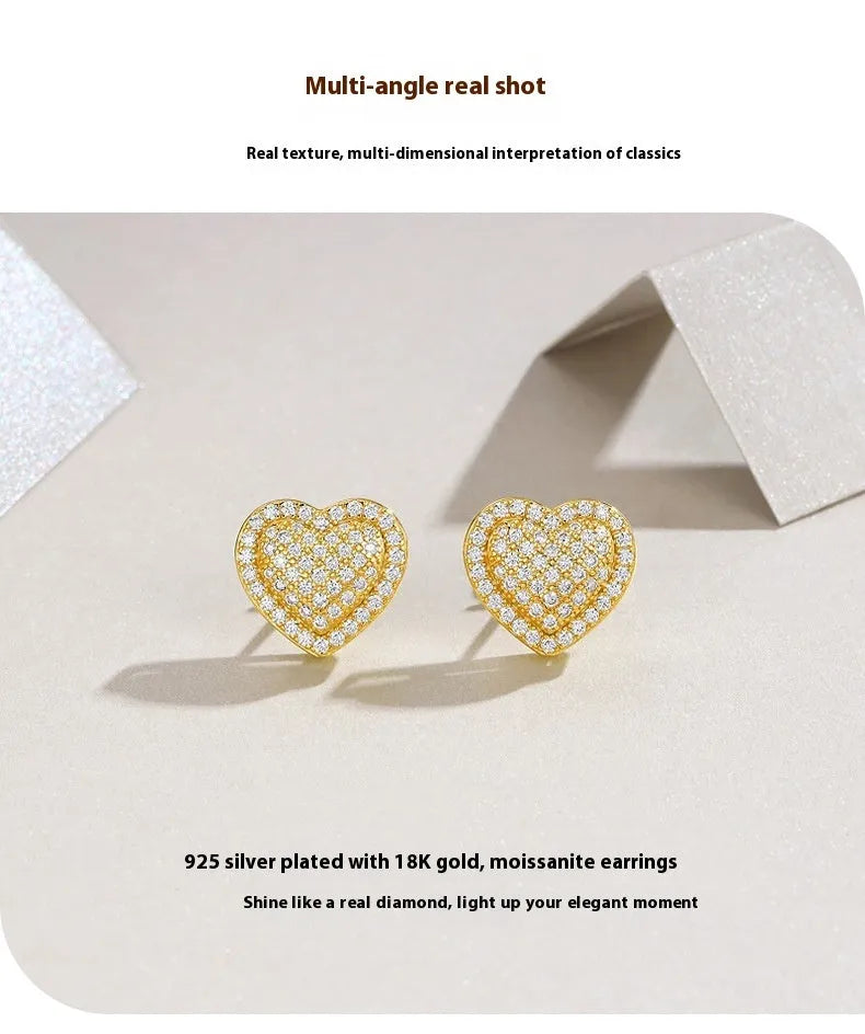 S925 silver moissanite heart-shaped stud earrings with gold plating