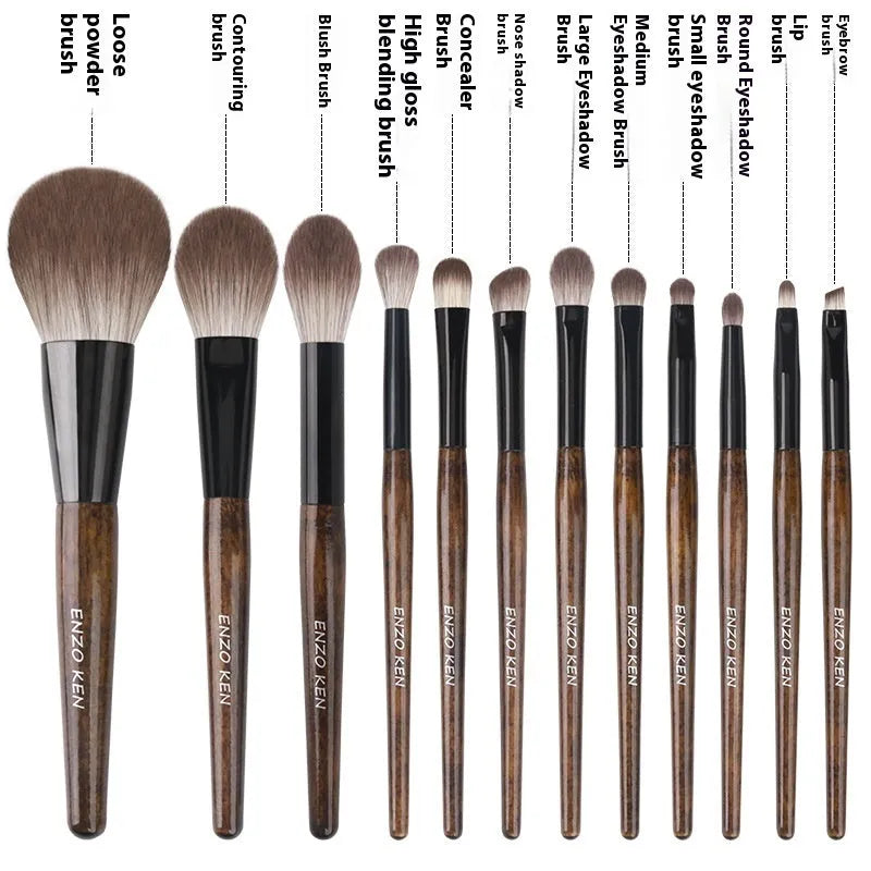 12-piece makeup brush set with wooden handles and PU storage bag