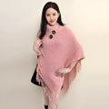 Women's casual plush triangular shawl cape with tassel fringe, shown in a wine red colour.