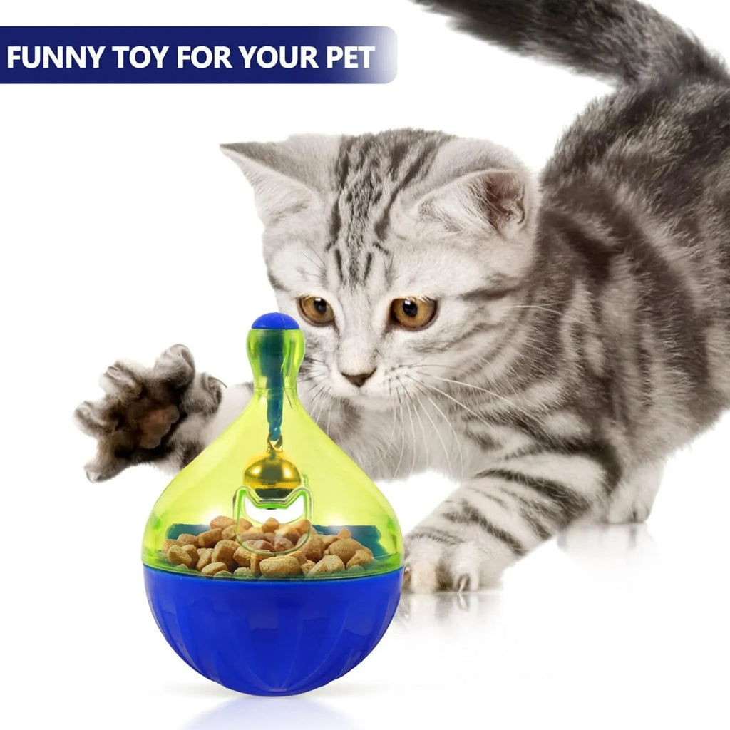 Blue plastic pet treat dispenser tumble ball with treat holes