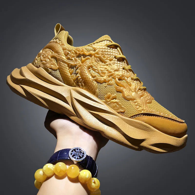 Casual sneakers with fly knit upper in Chinese dragon colours and rubber sole